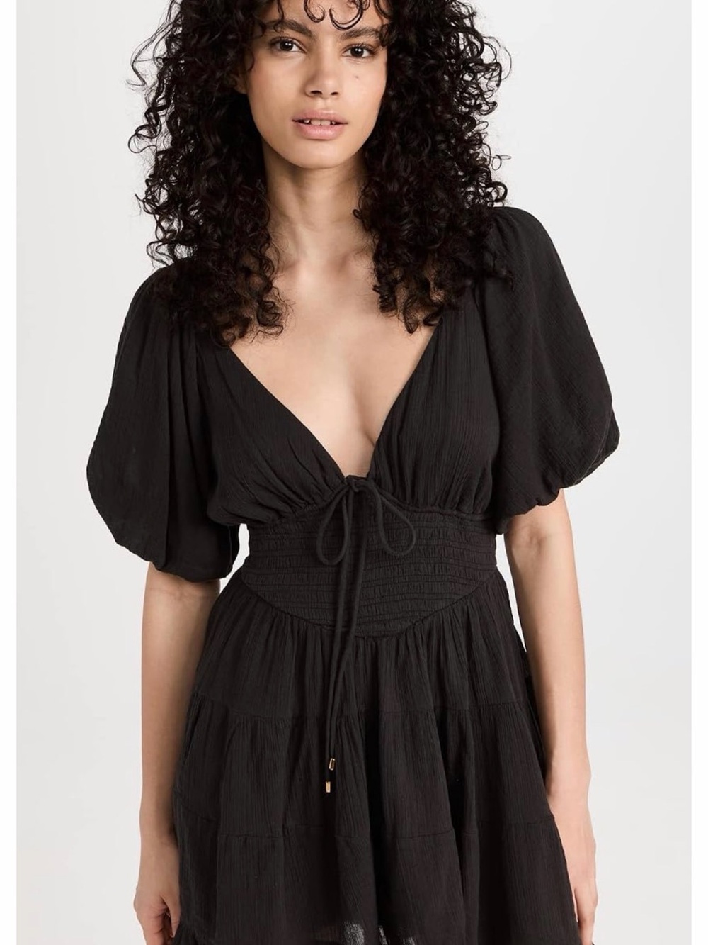 Free People Black V-Neck Puff Sleeve Smocked Mini Dress